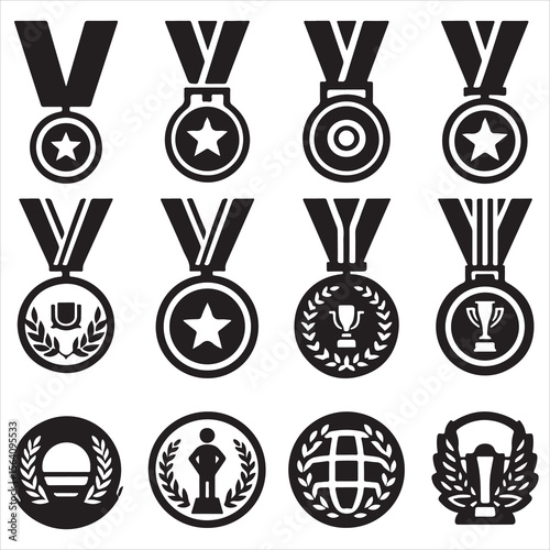 Trophy Medal, Star Medal, Target Medal, University Achievement Medal, Champion Badge, Victory Trophy vector icons.