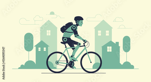 Futuristic Cityscape Robot Cyclist Leisurely Exploring Town on Bicycle