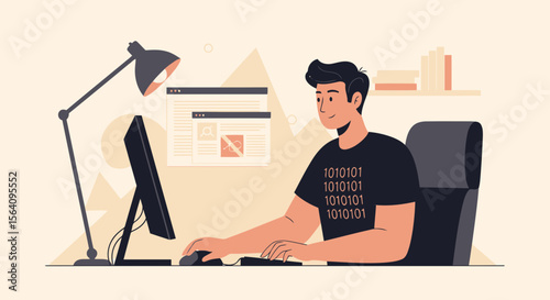 Focused Coder Working At Home On Project With Binary Code Shirt