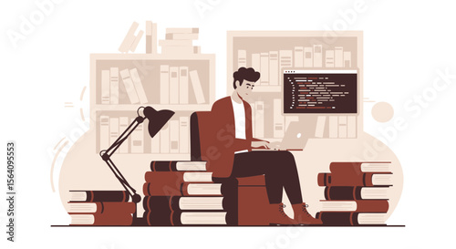 Focused Coder At Home Working With Laptop On Stack Of Books Illustration