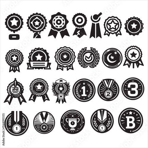 Trophy Medal, Star Medal, Target Medal, University Achievement Medal, Champion Badge, Victory Trophy vector icons.