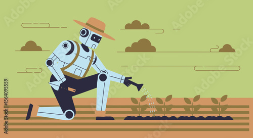 Futuristic Farming Robot Watering Plants In The Field With Old Fashioned Irrigation