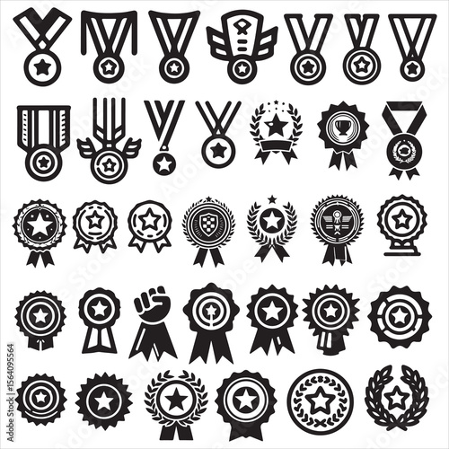 Trophy Medal, Star Medal, Target Medal, University Achievement Medal, Champion Badge, Victory Trophy vector icons.