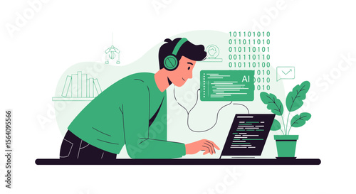Focused Young Man Working On Artificial Intelligence Project At Home Concept