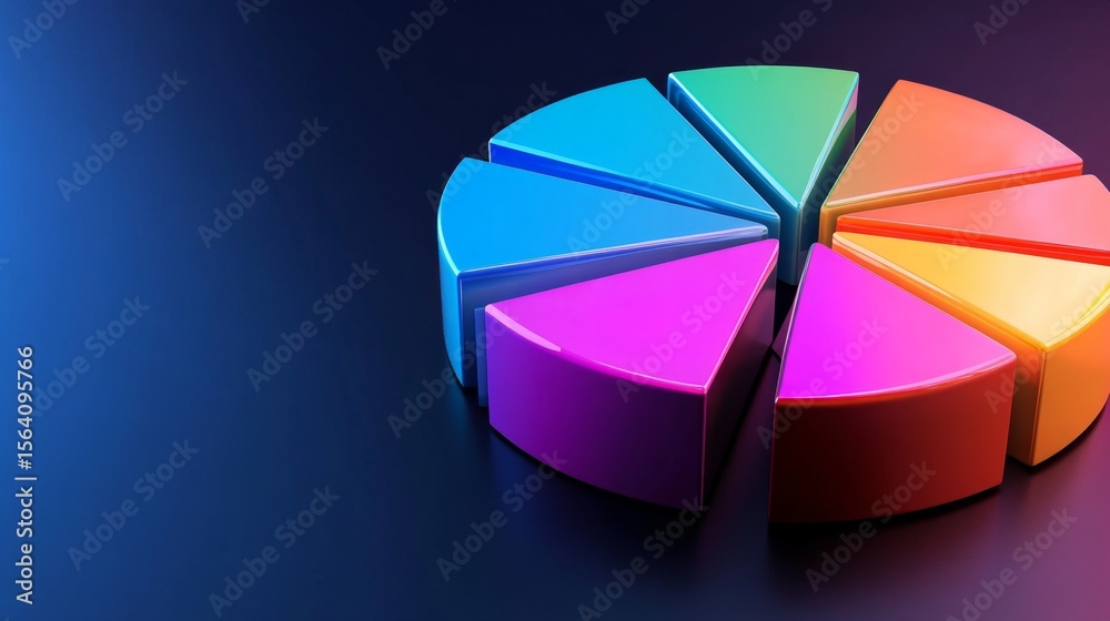 Obraz premium D pie chart with colorful parts stacked, holographic effect on dark gradient base