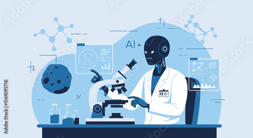 Futuristic Science Robotic Researching Under Microscope With Digital Interfaces