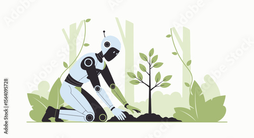 Futuristic Reforestation Initiative Robot Planting Sapling Illustration