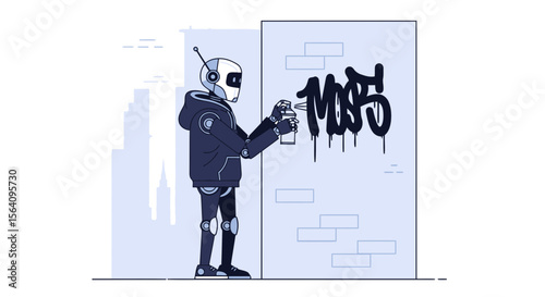Futuristic Robot Artist Spraying Graffiti On The Wall In Urban Landscape