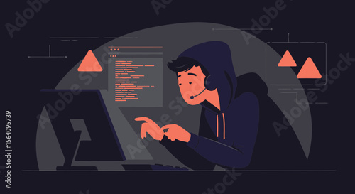 Hacker Working Late On Computer Cybersecurity Concept With Headset And Hoodie