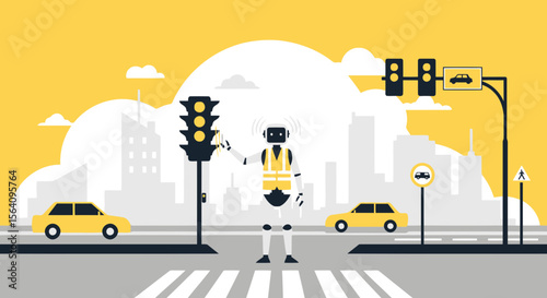 Futuristic Traffic Management Illustration Featuring Robot Crossing Guard and Autonomous Vehicles