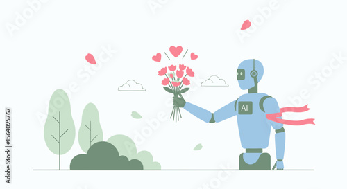 Gentle Robot Offering Flowers With Heart Shaped Petals In Peaceful Nature Scene