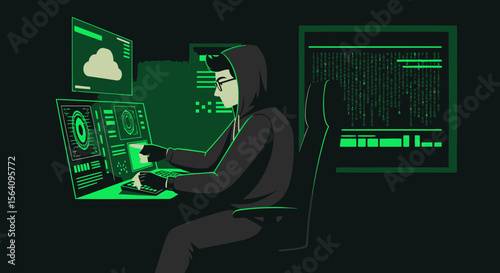 Hacker Breaking System With Green Lights Cyberpunk Style Cartoon Illustration