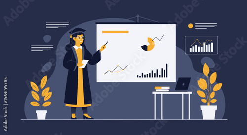 Graduation Presentation With Data Visualization On Projection Screen In Classroom