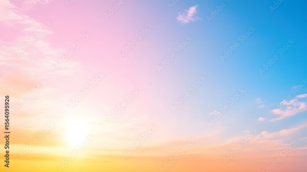 Fototapeta premium Sky with pastel colors: pink yellow orange and blue gradient with clouds.