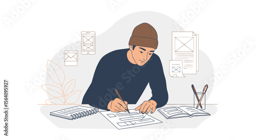 Illustrative Designer Working On Project At His Desk And Sketching