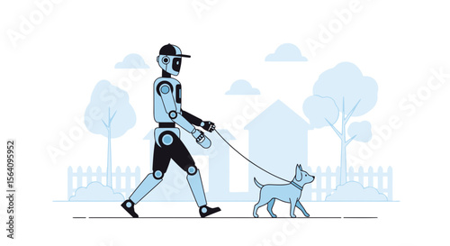Futuristic Friendships Robotic Dog Walker in a Peaceful Neighborhood Scene