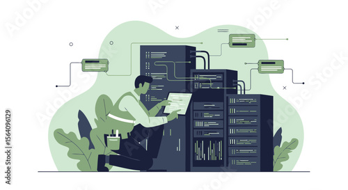 It Technician Working With Server Racks In A Datacenter Illustration