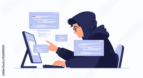 Hooded Programmer Analyzing Code On Computer Screen For Cybersecurity Solution