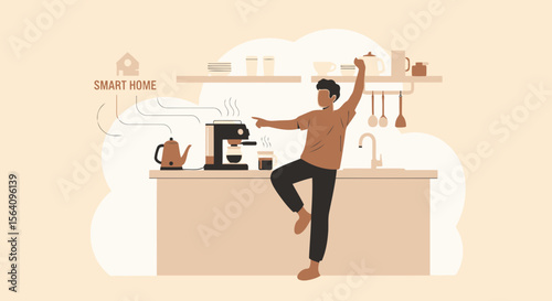 Joyful Morning Routine Man Dancing While His Smart Coffee Maker Prepares Beverage