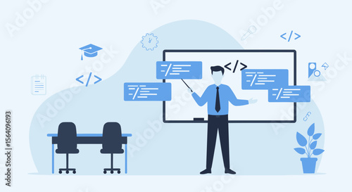 Lecturer Explaining Code On Whiteboard In A Classroom Setting Presentation