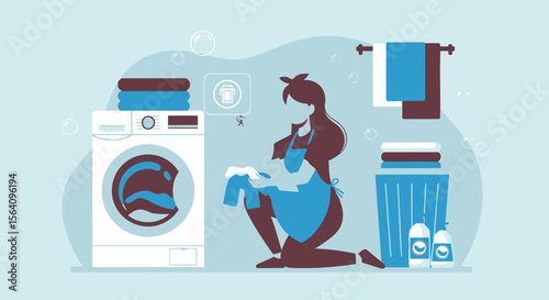 Laundry Day Illustration Featuring Woman Sorting Clothes With Washing Machine