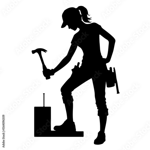 Female carpenter using hammer in construction silhouette  