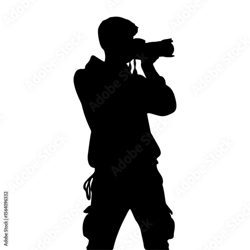 Photographer taking pictures with camera silhouette on white background  