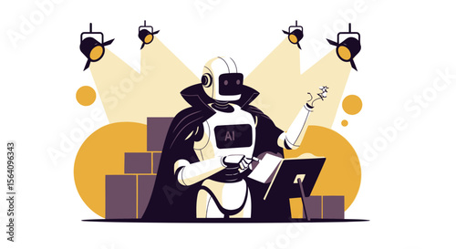 Intelligent Robot With Cape Analyzing Data On Stage In The Spotlight