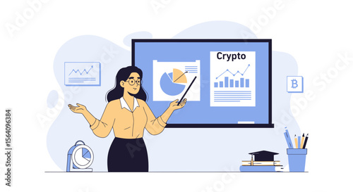 Lecturer Giving Presentation About Cryptocurrency In Front Of The Blackboard