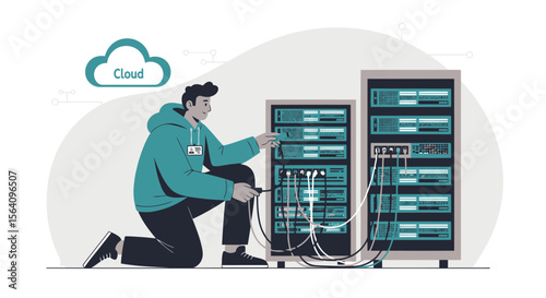 It Technician Connecting Cables To The Cloud Server For Data Management