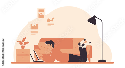 Man Lying On Couch Working Remotely With Laptop At Home Illustration