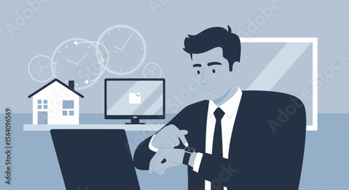Man Checks Smartwatch While Working From Home Efficient Time Management