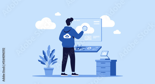 Man Configuring Cloud Computing Technology And Digital Services Illustration