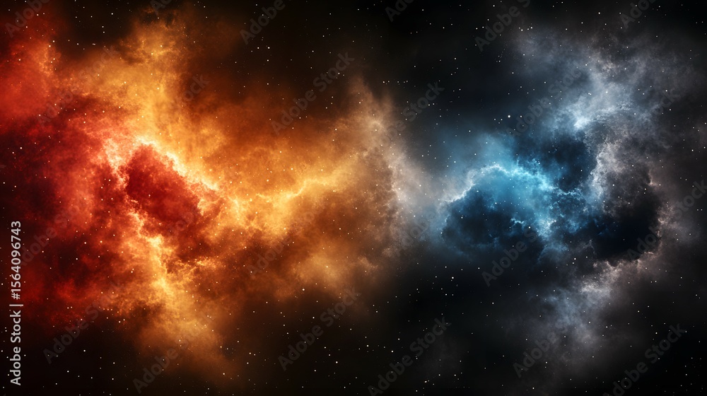 Fototapeta premium Abstract clouds with contrasting colors: red orange and blue against dark background.