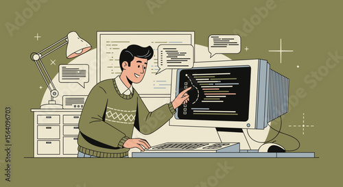 Man Designs Software Interface On Retro Computer In Vintage Workplace Scene