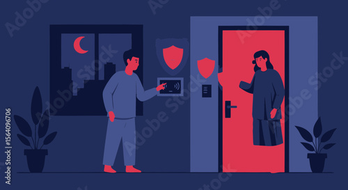 Man Using Smart Home System at Night While a Woman Waits Outside