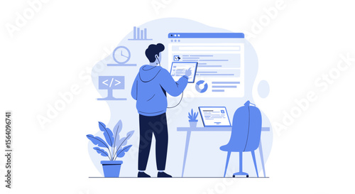 Man In Blue Hoodie Working With Code On Computer With Tablet Vector Illustration