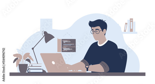 Man Working On Laptop From Home In A Comfortably Designed Workspace