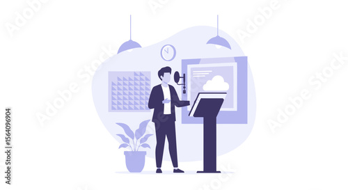 Man Giving Presentation Or Speech With Microphone In A Modern Environment