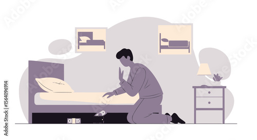Man Hiding Money Under Bed Concept In Bedroom Interior Illustration