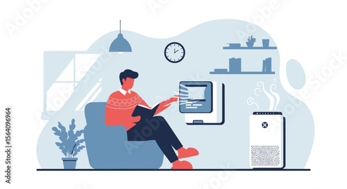 Man Reading With Air Purifier For Improved Home Air Quality Concepts