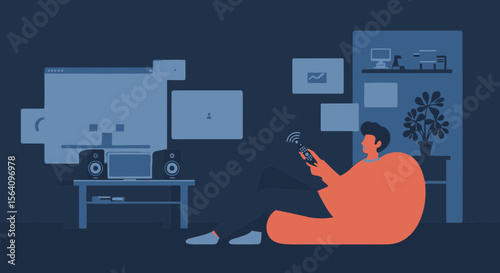 Man Relaxes In His Apartment While Watching TV On Cozy Evening