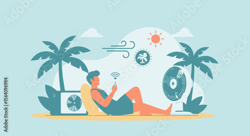 Man Relaxes Using Smart Home Climate Control Devices Amidst Tropical Scenery