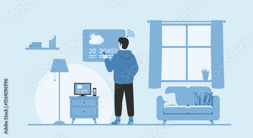 Man Interacting With Smart Home System Using Touch Screen Interface Display