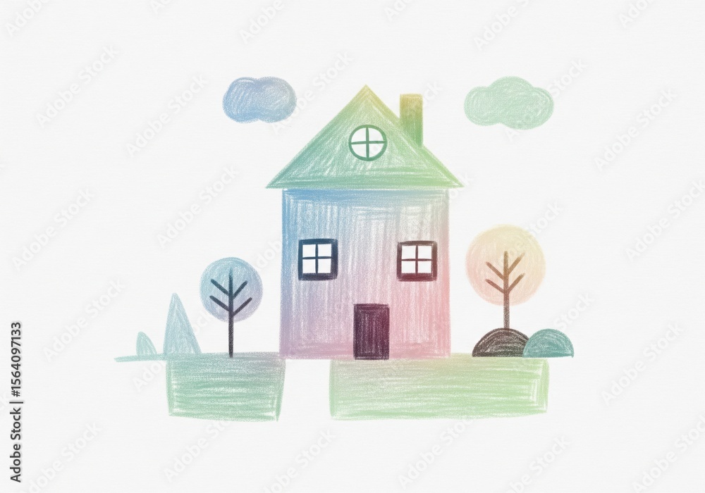 Fototapeta premium Vibrant Pastel Home Childlike Art. This charming illustration depicts a whimsical house with trees and clouds, rendered in soft crayon hues, symbolizing comfort and happy beginnings.