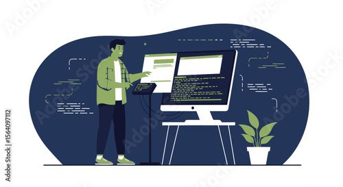 Modern Programmer Coding On Dual Screen Computer With Data In Night Environment
