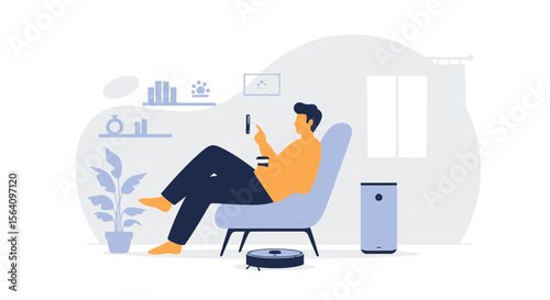 Man Relaxing At Home With Robot Vacuum And Air Purifier Controlling Smart Home Devices