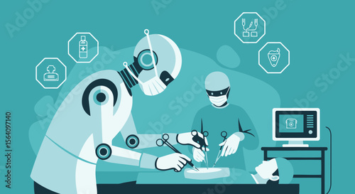 Modern Robotic Surgery Illustration Assisted By Human Surgeon And Monitoring Equipment