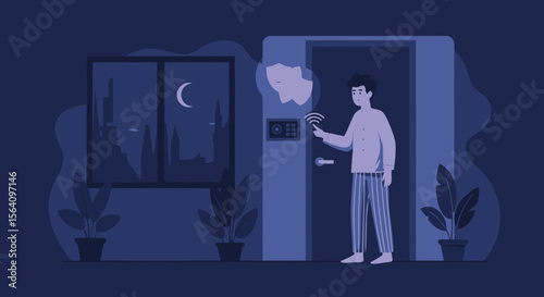 Man Uses Smart Home Door Security At Night Smart House Automation System