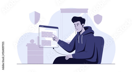 Man Using Touchscreen Device For Work In Secure Digital Environment